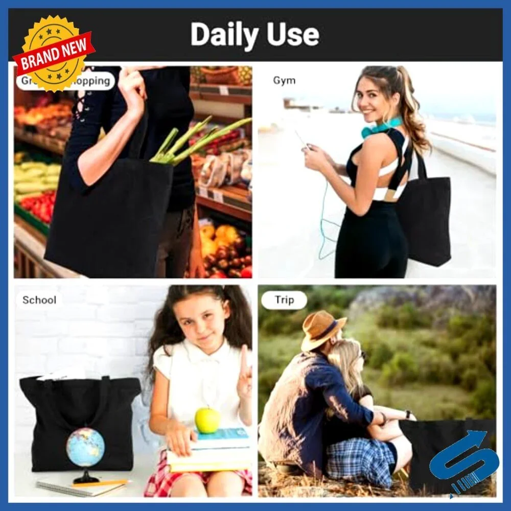 Heavy Duty Canvas Tote Bags Zippered Reusable Grocery Shopping Plain DIY